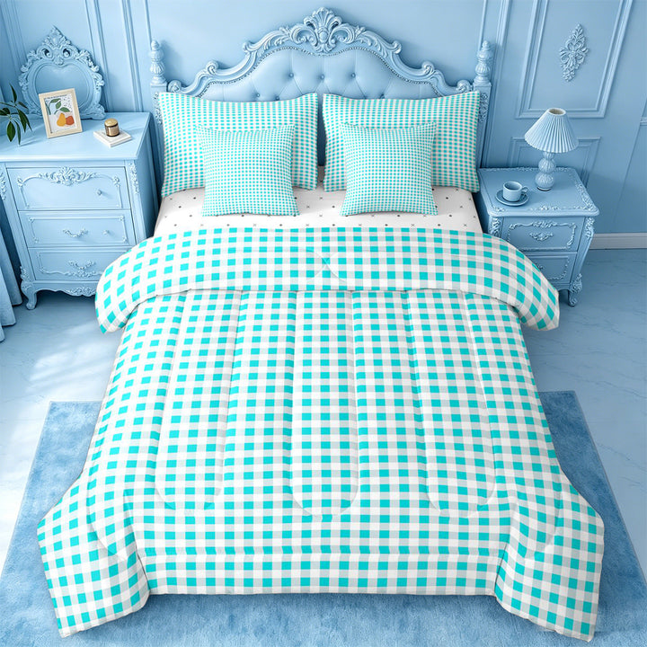 meiyoeat Geometric Plaid 7 Pieces Full Size Bedding Sets For Kids,Blue Classic Checkered Full Size Bed in a Bag For Boys,Reversible