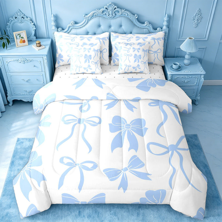 meiyoeat Blue Lovely Bow 7 Pieces Full Size Bedding Sets For Girls,Dreamy Princess Bowknot Full Size Bed in a Bag For Kids,Reversible