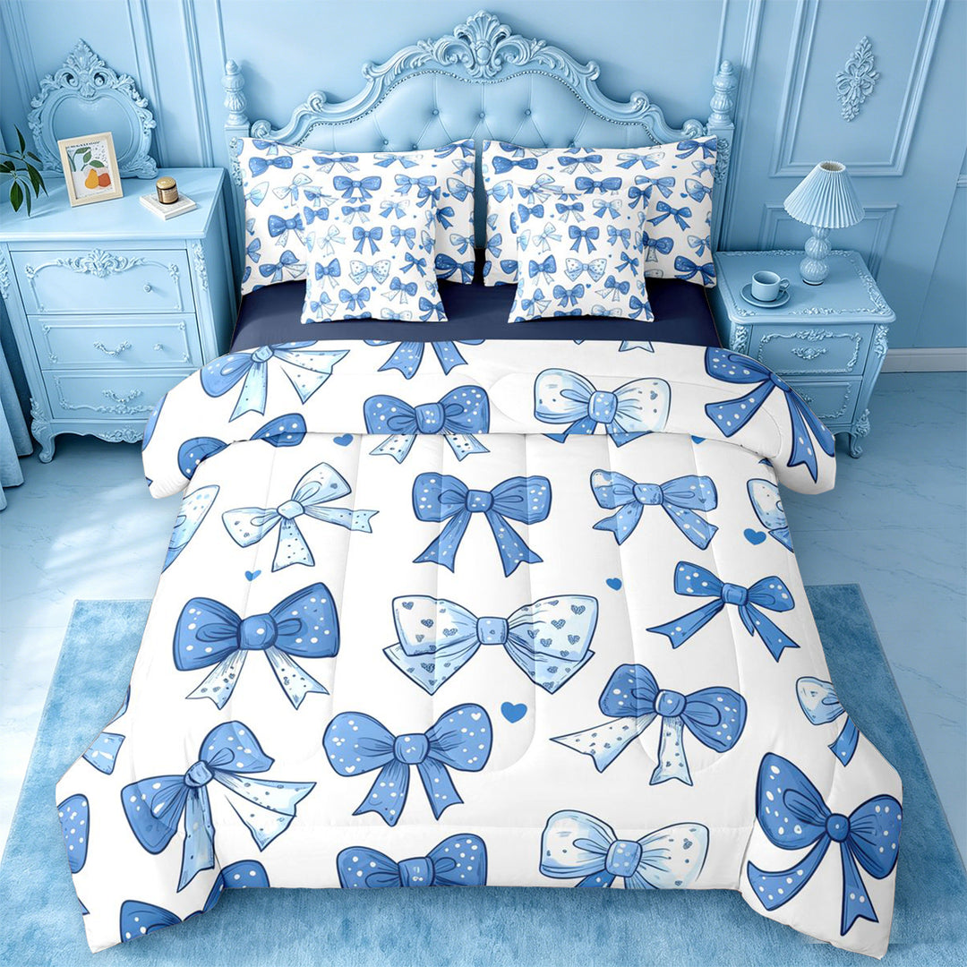 meiyoeat Polka Dots Bow 7 Pieces Full Size Bedding Sets For Girls,Vintage Cute Coquette Bowknot Full Size Bed in a Bag For Kids,Navy Blue Reversible