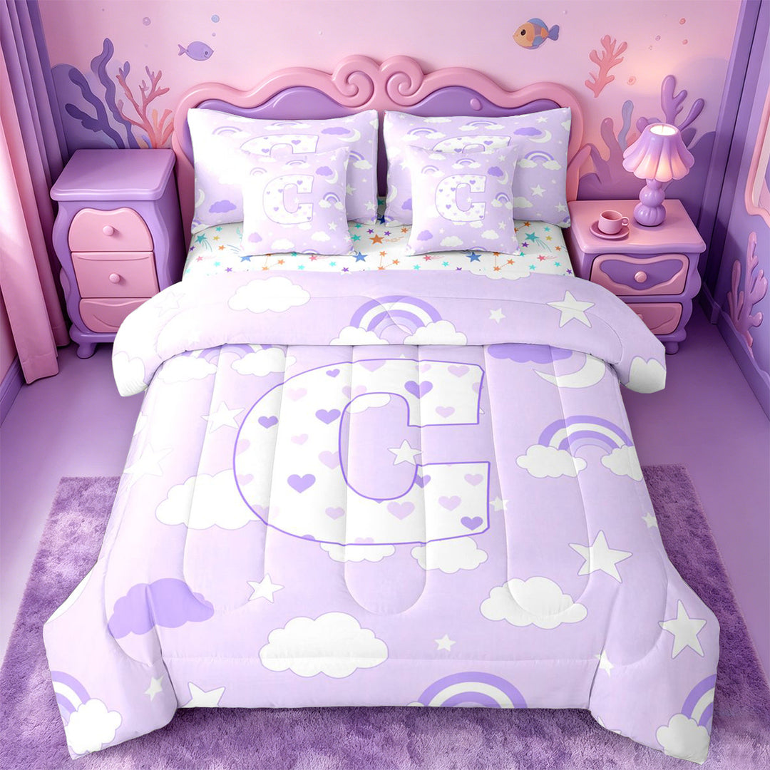 meiyoeat Purple Heart Monogrammed C 7 Pieces Full Size Bedding Sets,Rainbow Cloud Stars Letter Design Full Size Bed in a Bag For Girl,Colorful Stars Reversible