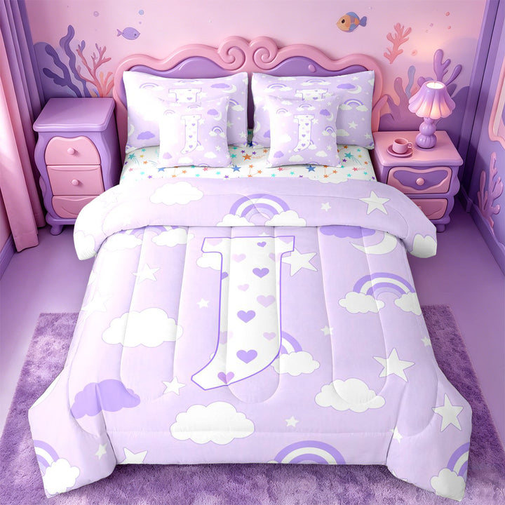 meiyoeat 3D Cartoon Heart Print 7 Pieces Full Size Bedding SetsPurple Initial Alphabet J Full Size Bed in a Bag For Girl,Colorful Stars Reversible