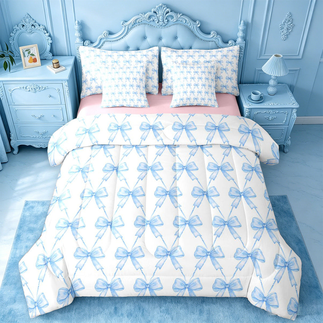 meiyoeat Blue Bowknot 7 Pieces Full Size Bedding Sets For Kids Girls,Cute Ribbon Bows Full Size Bed in a Bag For Bowtie Lovers,Reversible