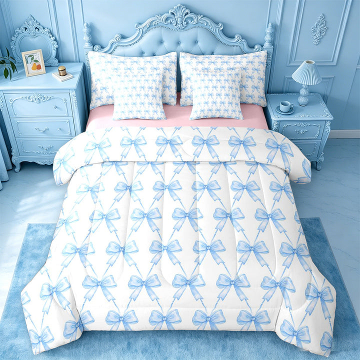 meiyoeat Blue Bowknot 7 Pieces Full Size Bedding Sets For Kids Girls,Cute Ribbon Bows Full Size Bed in a Bag For Bowtie Lovers,Reversible