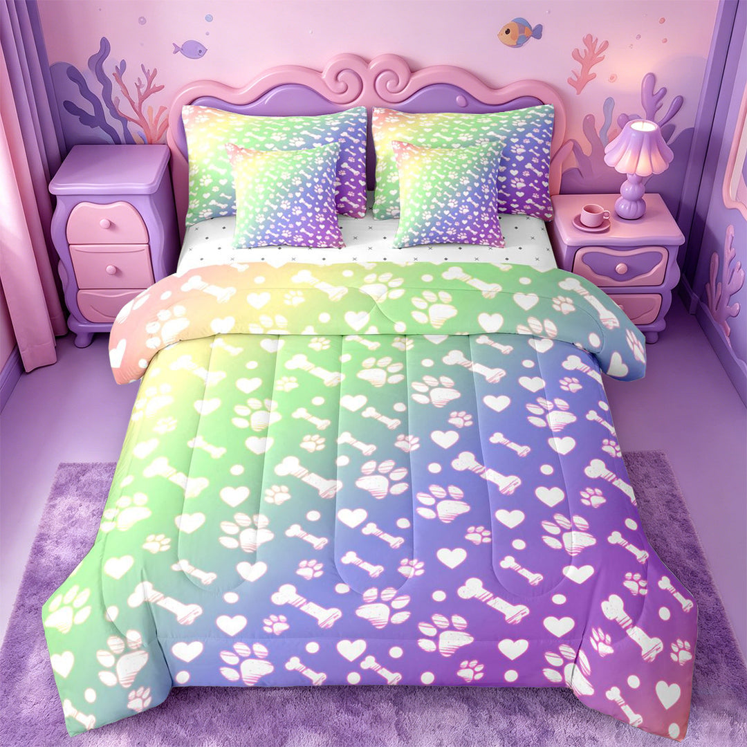 meiyoeat Rainbow Dog Paw Pattern 7 Pieces Full Size Bedding Sets,Cute Pet Print Full Size Bed in a Bag For Girl,Reversible