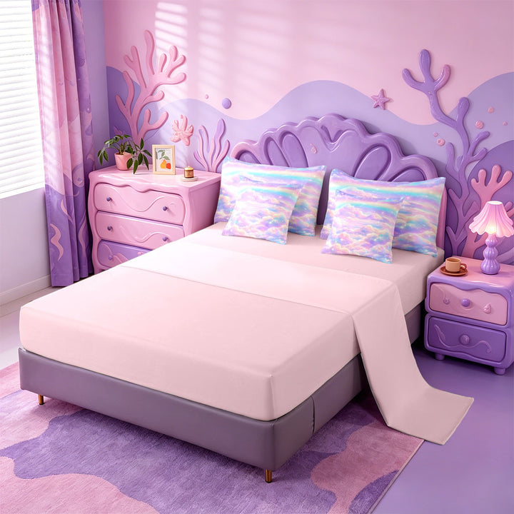 meiyoeat Pastel Cloud Star 7 Pieces Full Size Bedding Sets,Colorful Rainbow Pattern Full Size Bed in a Bag For Girl,Reversible