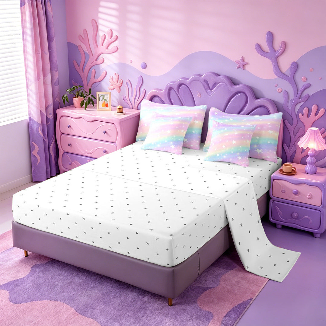 meiyoeat Colorful Gradient 7 Pieces Full Size Bedding Sets,Cute Rainbow Stars Print Full Size Bed in a Bag For Girl,Reversible