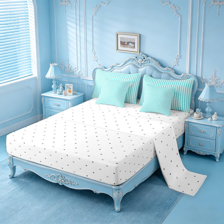 meiyoeat Geometric Plaid 7 Pieces Full Size Bedding Sets For Kids,Blue Classic Checkered Full Size Bed in a Bag For Boys,Reversible