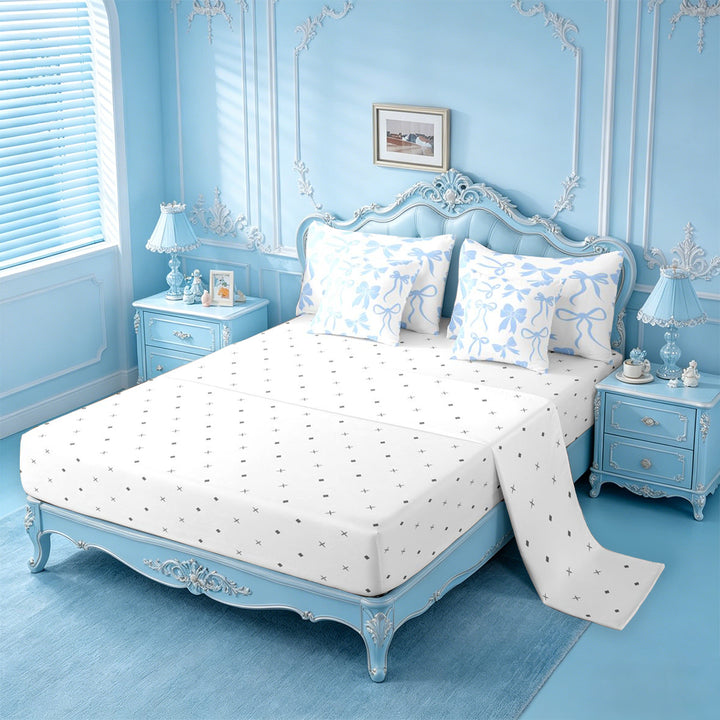 meiyoeat Blue Lovely Bow 7 Pieces Full Size Bedding Sets For Girls,Dreamy Princess Bowknot Full Size Bed in a Bag For Kids,Reversible