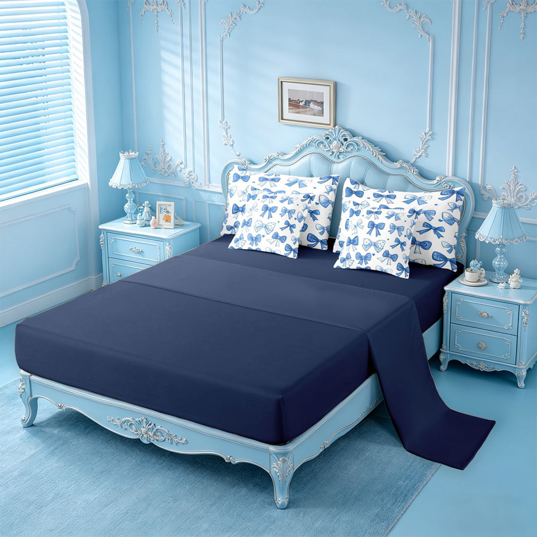 meiyoeat Polka Dots Bow 7 Pieces Full Size Bedding Sets For Girls,Vintage Cute Coquette Bowknot Full Size Bed in a Bag For Kids,Navy Blue Reversible