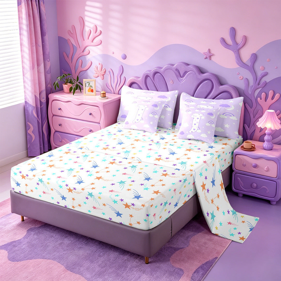 meiyoeat 3D Cartoon Heart Print 7 Pieces Full Size Bedding SetsPurple Initial Alphabet J Full Size Bed in a Bag For Girl,Colorful Stars Reversible