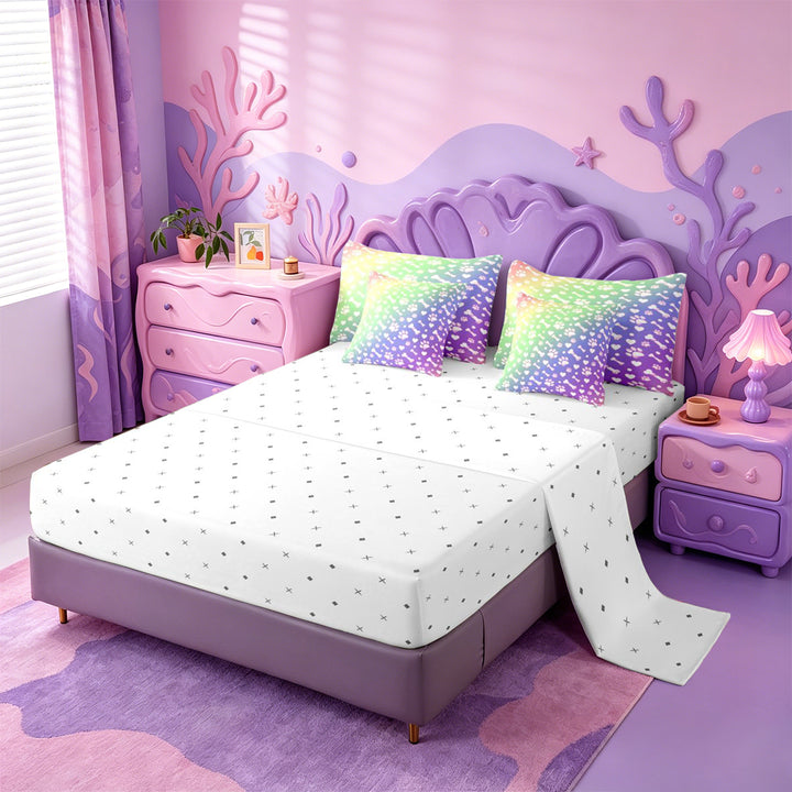 meiyoeat Rainbow Dog Paw Pattern 7 Pieces Full Size Bedding Sets,Cute Pet Print Full Size Bed in a Bag For Girl,Reversible