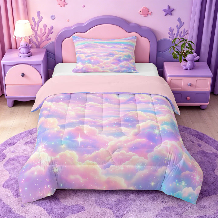 meiyoeat Pastel Cloud Star Full Size Comforter Sets,Colorful Rainbow Pattern Bedding Comforter Set For Girl,Reversible,3pcs,1 Comforter and 2 Pillowcases