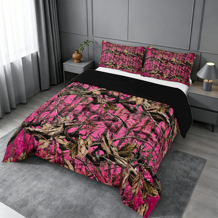 meiyoeat Pink Camo Print King Size Comforter Sets For Adults,Rustic Farmhouse Hunting Comforters King Size For Women,Black Reversible,3pcs