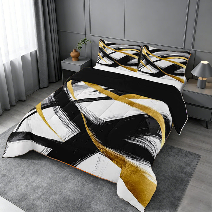 meiyoeat Black Gold Graffiti King Size Comforter Sets For Kids,Modern Abstract Geometric Comforters King Size For Adults,Black Reversible,3-Piece