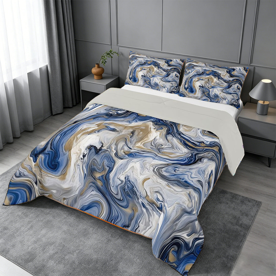 meiyoeat Blue Gold Marble King Size Comforter Sets For Kids,Fluid Swirl Design Comforters King Size For Adults,Light Gray Reversible,3-Piece