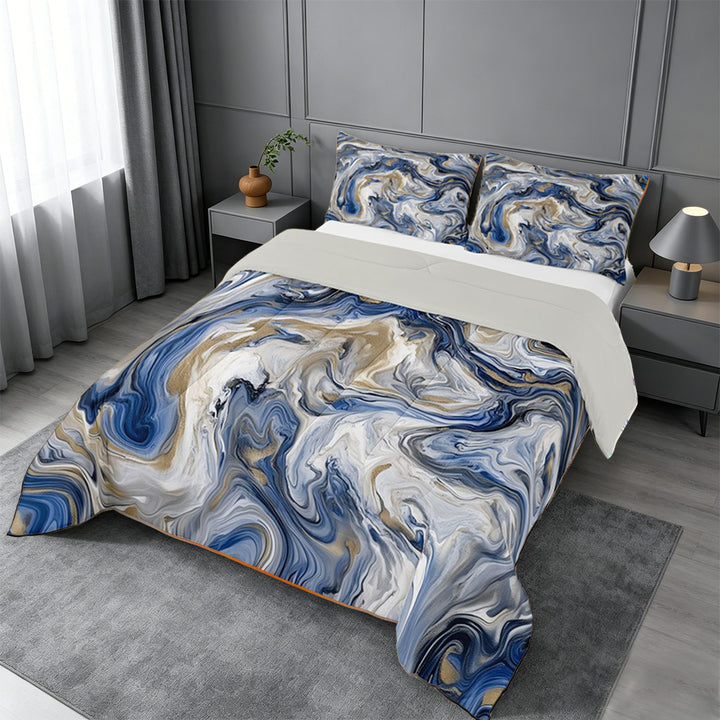 meiyoeat Blue Gold Marble King Size Comforter Sets For Kids,Fluid Swirl Design Comforters King Size For Adults,Light Gray Reversible,3-Piece