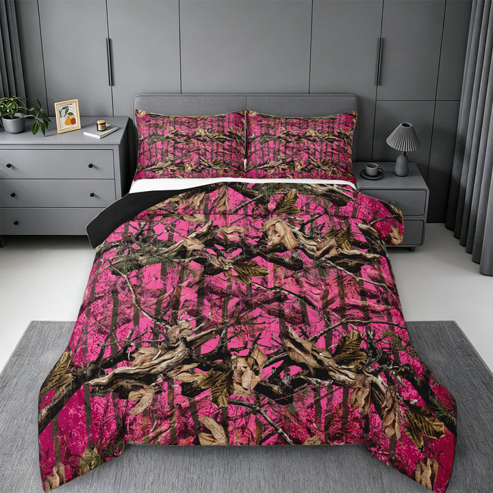 meiyoeat Pink Camo Print King Size Comforter Sets For Adults,Rustic Farmhouse Hunting Comforters King Size For Women,Black Reversible,3pcs