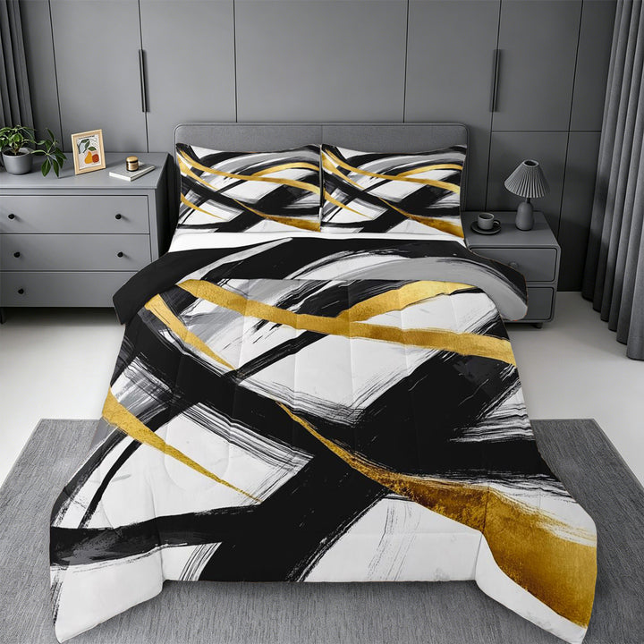 meiyoeat Black Gold Graffiti King Size Comforter Sets For Kids,Modern Abstract Geometric Comforters King Size For Adults,Black Reversible,3-Piece