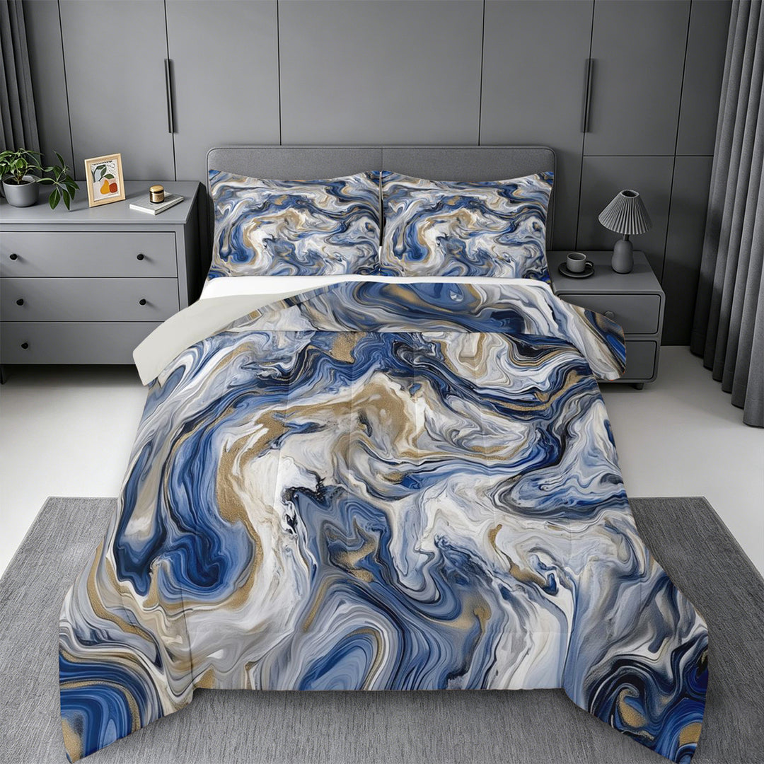 meiyoeat Blue Gold Marble King Size Comforter Sets For Kids,Fluid Swirl Design Comforters King Size For Adults,Light Gray Reversible,3-Piece