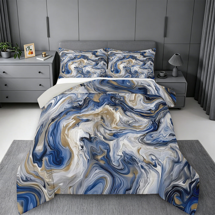 meiyoeat Blue Gold Marble King Size Comforter Sets For Kids,Fluid Swirl Design Comforters King Size For Adults,Light Gray Reversible,3-Piece