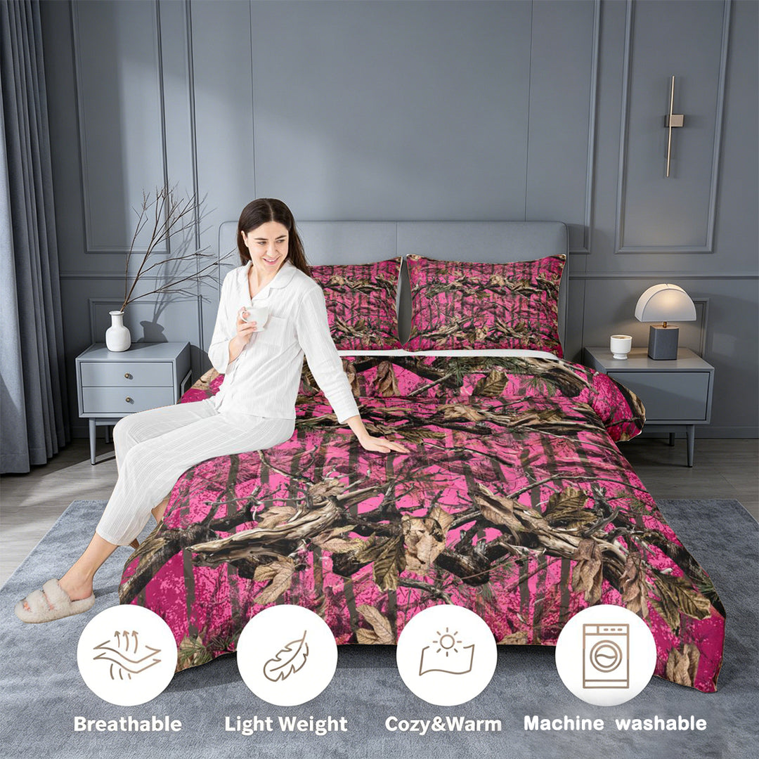 meiyoeat Pink Camo Print King Size Comforter Sets For Adults,Rustic Farmhouse Hunting Comforters King Size For Women,Black Reversible,3pcs