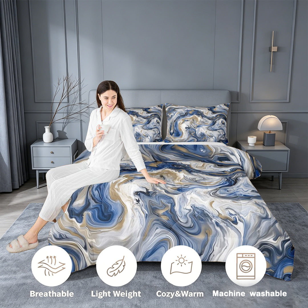 meiyoeat Blue Gold Marble King Size Comforter Sets For Kids,Fluid Swirl Design Comforters King Size For Adults,Light Gray Reversible,3-Piece