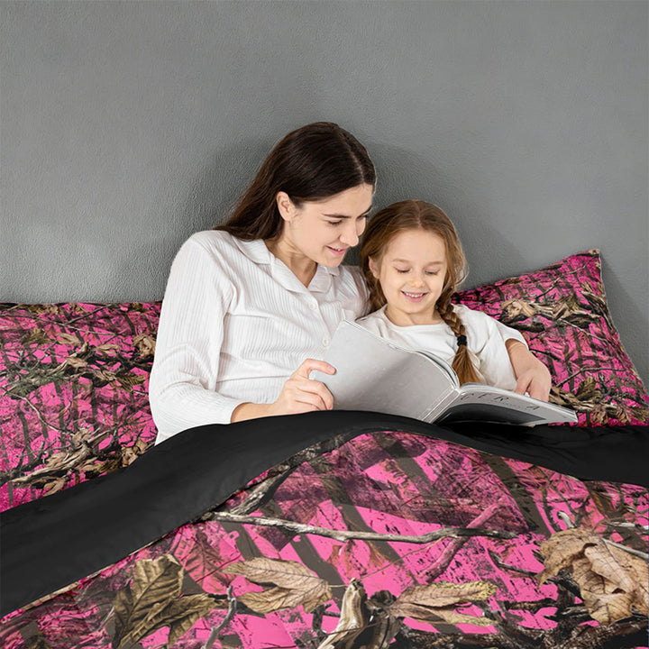 meiyoeat Pink Camo Print King Size Comforter Sets For Adults,Rustic Farmhouse Hunting Comforters King Size For Women,Black Reversible,3pcs
