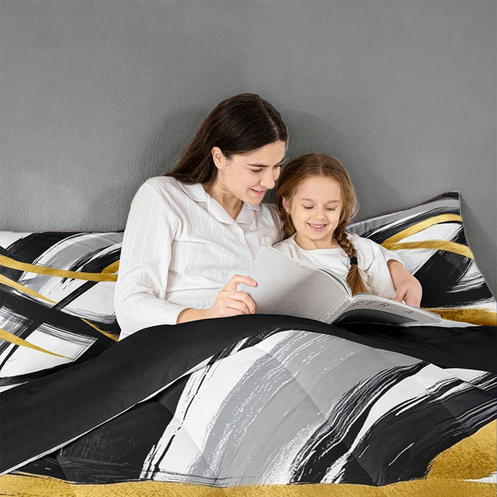 meiyoeat Black Gold Graffiti King Size Comforter Sets For Kids,Modern Abstract Geometric Comforters King Size For Adults,Black Reversible,3-Piece