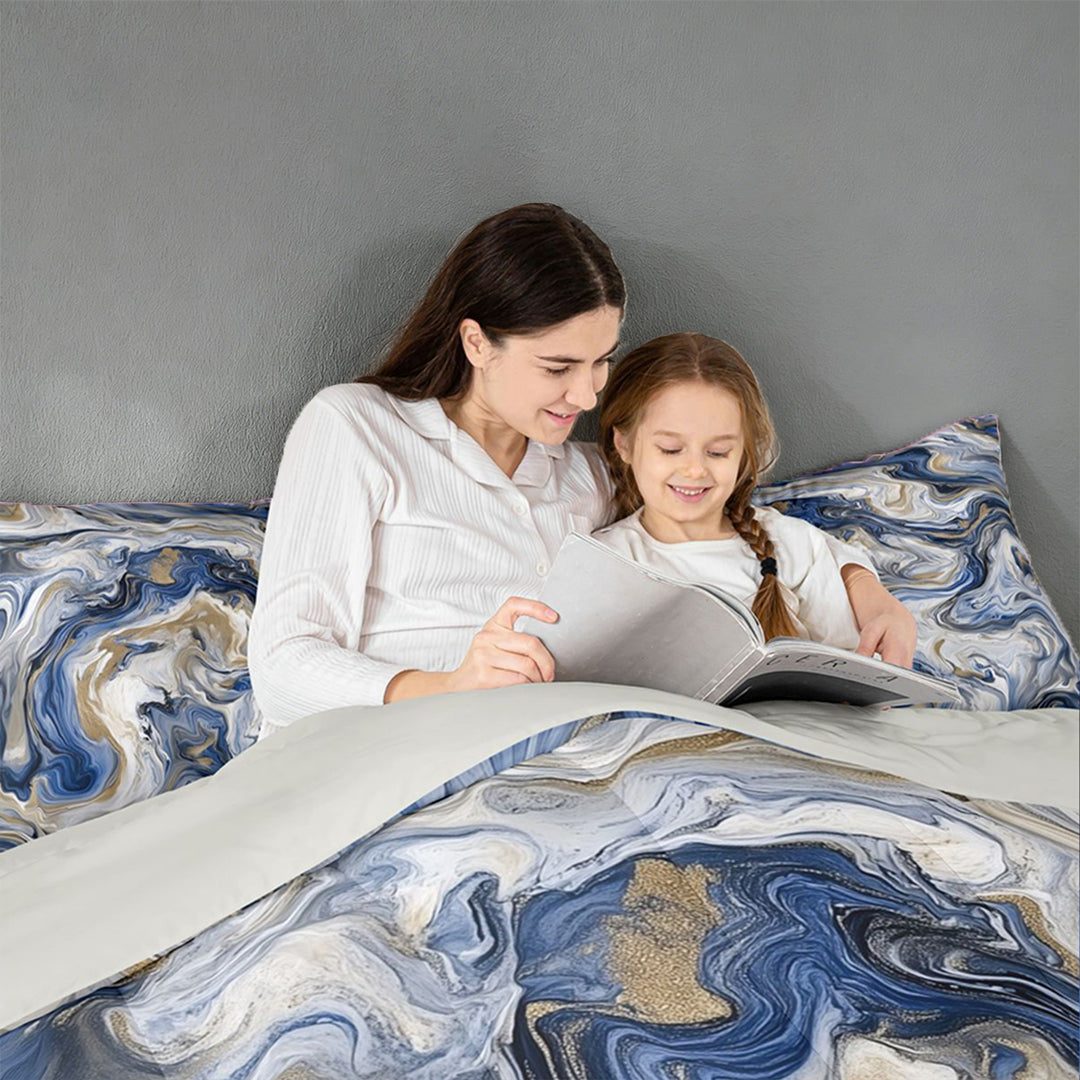meiyoeat Blue Gold Marble King Size Comforter Sets For Kids,Fluid Swirl Design Comforters King Size For Adults,Light Gray Reversible,3-Piece