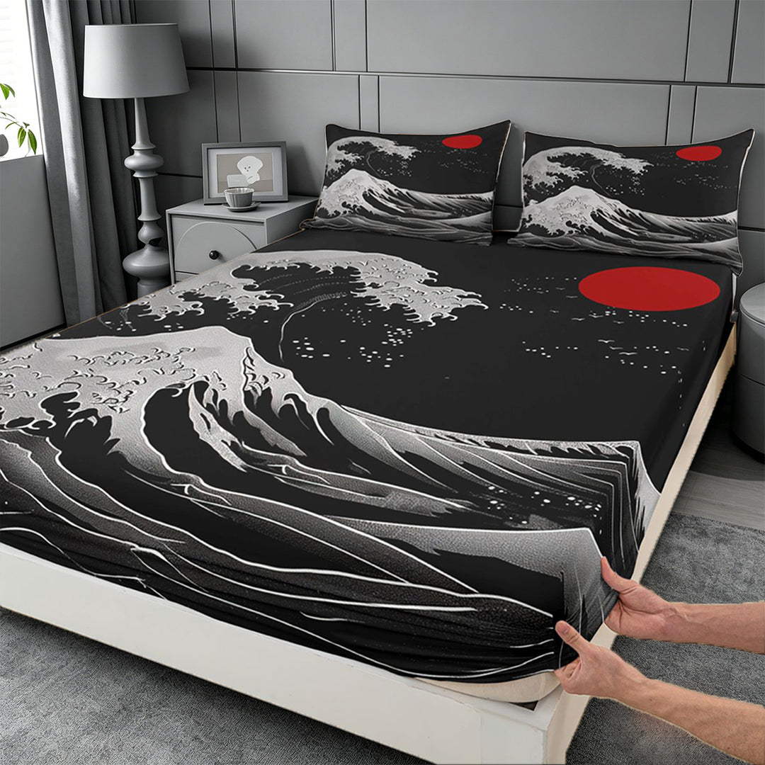 meiyoeat Japanese Black Wave Bed Sheets For Kids,Ukiyo-E Style Print Full Size Sheets,4 Pieces