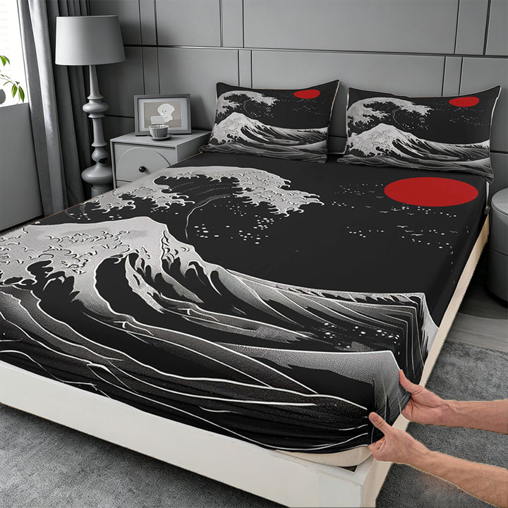 meiyoeat Japanese Black Wave Bed Sheets For Kids,Ukiyo-E Style Print Full Size Sheets,4 Pieces