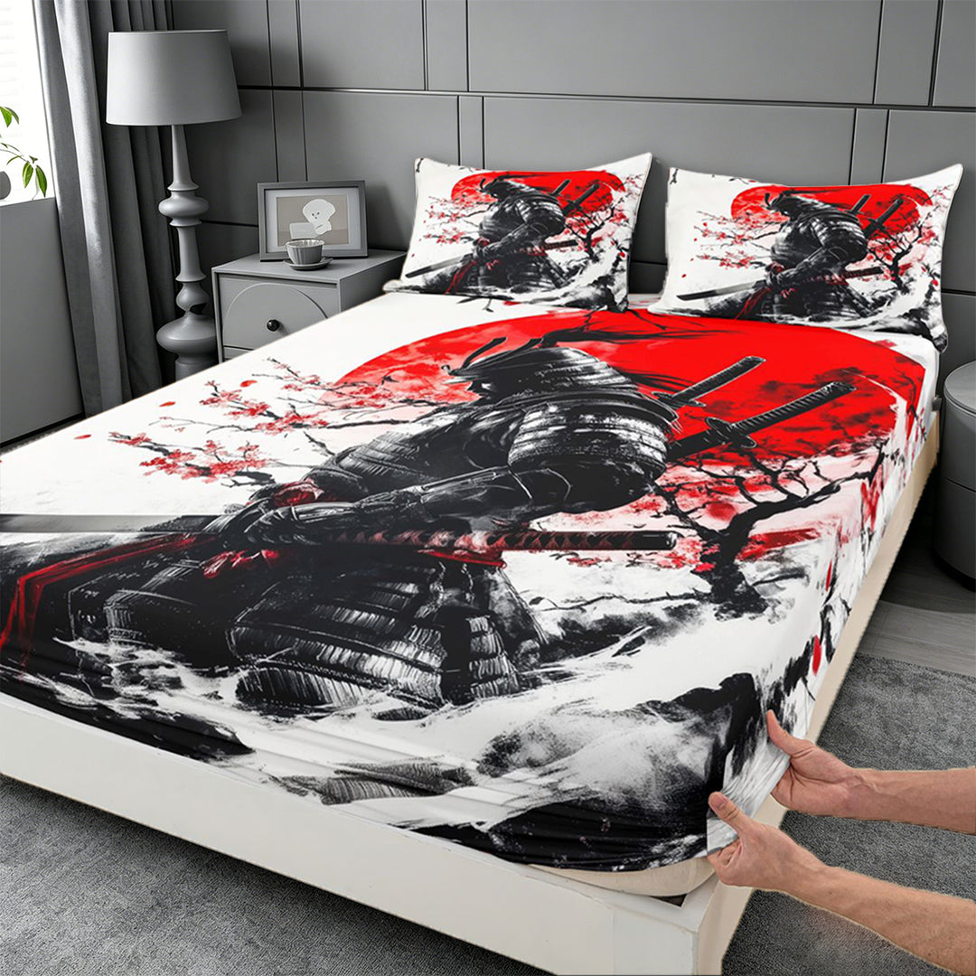 meiyoeat Cherry Blossom Bed Sheets For Kids,Japanese Samurai Ink Design Full Size Sheets,4pcs