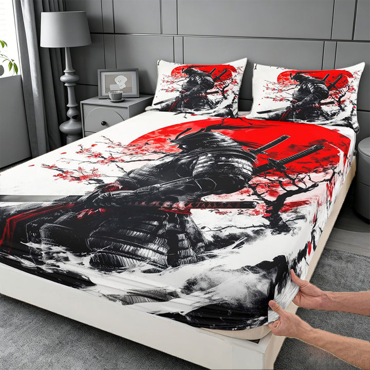 meiyoeat Cherry Blossom Bed Sheets For Kids,Japanese Samurai Ink Design Full Size Sheets,4pcs