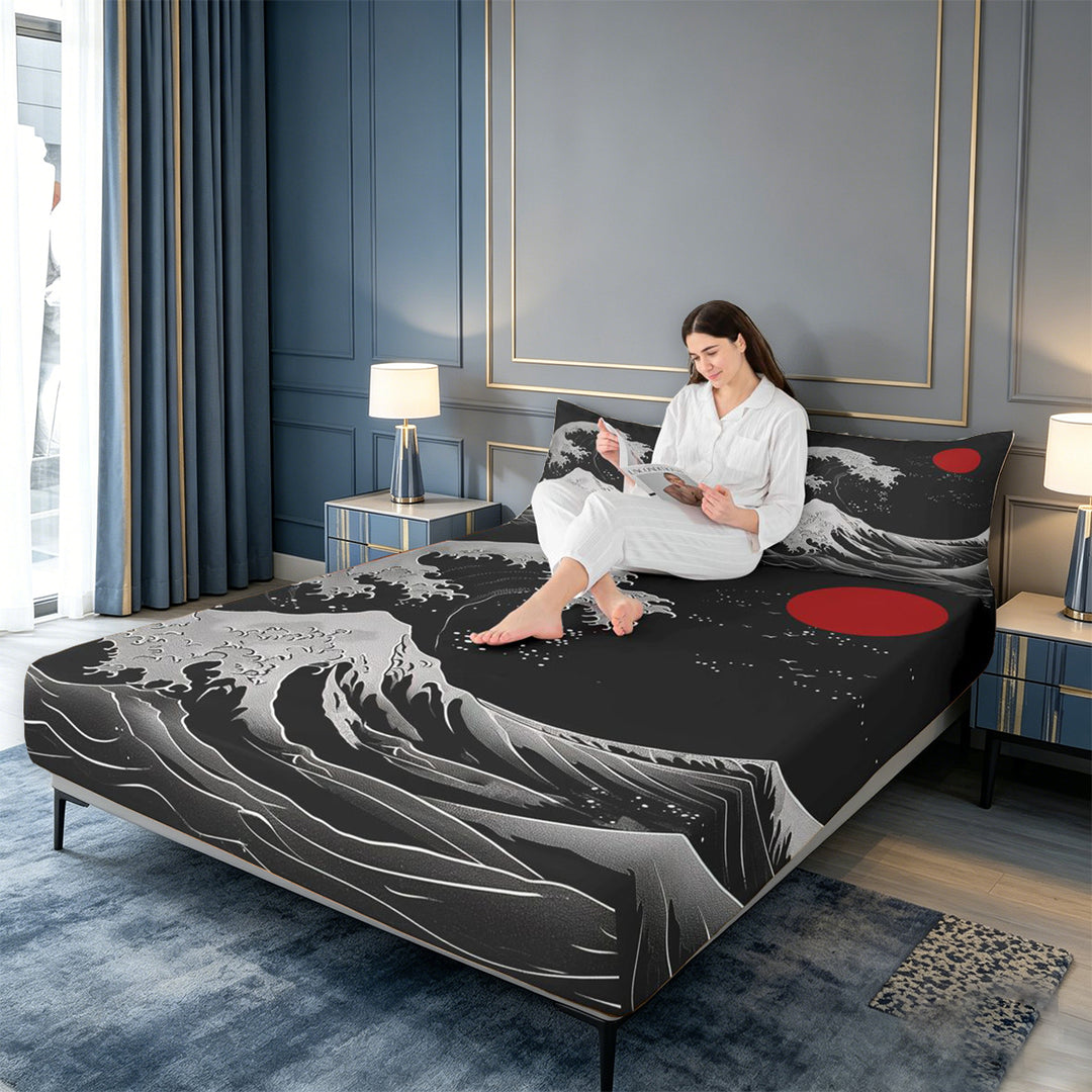 meiyoeat Japanese Black Wave Bed Sheets For Kids,Ukiyo-E Style Print Full Size Sheets,4 Pieces