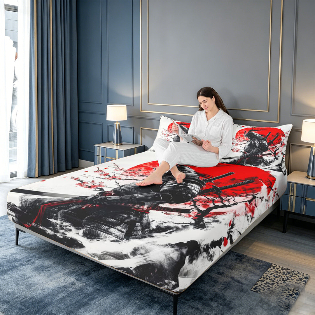 meiyoeat Cherry Blossom Bed Sheets For Kids,Japanese Samurai Ink Design Full Size Sheets,4pcs