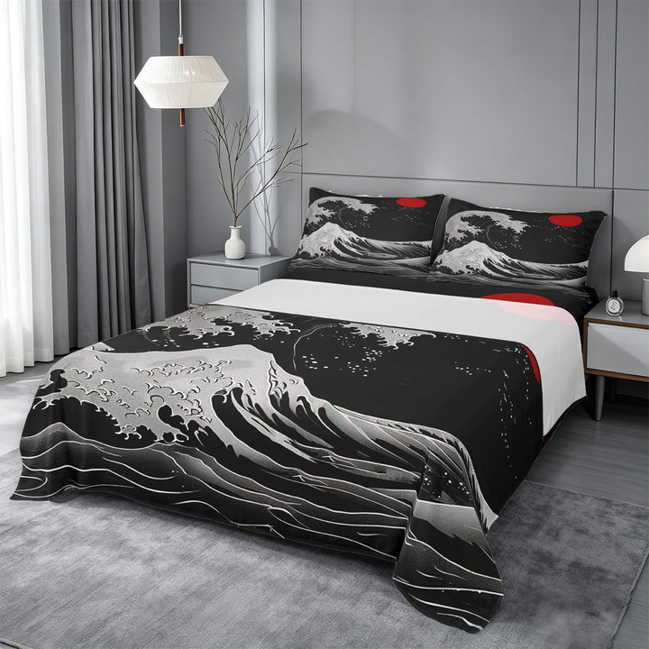 meiyoeat Japanese Black Wave Bed Sheets For Kids,Ukiyo-E Style Print Full Size Sheets,4 Pieces