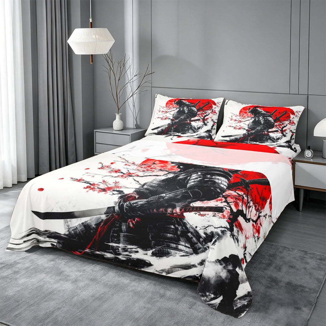 meiyoeat Cherry Blossom Bed Sheets For Kids,Japanese Samurai Ink Design Full Size Sheets,4pcs