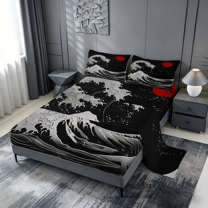 meiyoeat Japanese Black Wave Bed Sheets For Kids,Ukiyo-E Style Print Full Size Sheets,4 Pieces