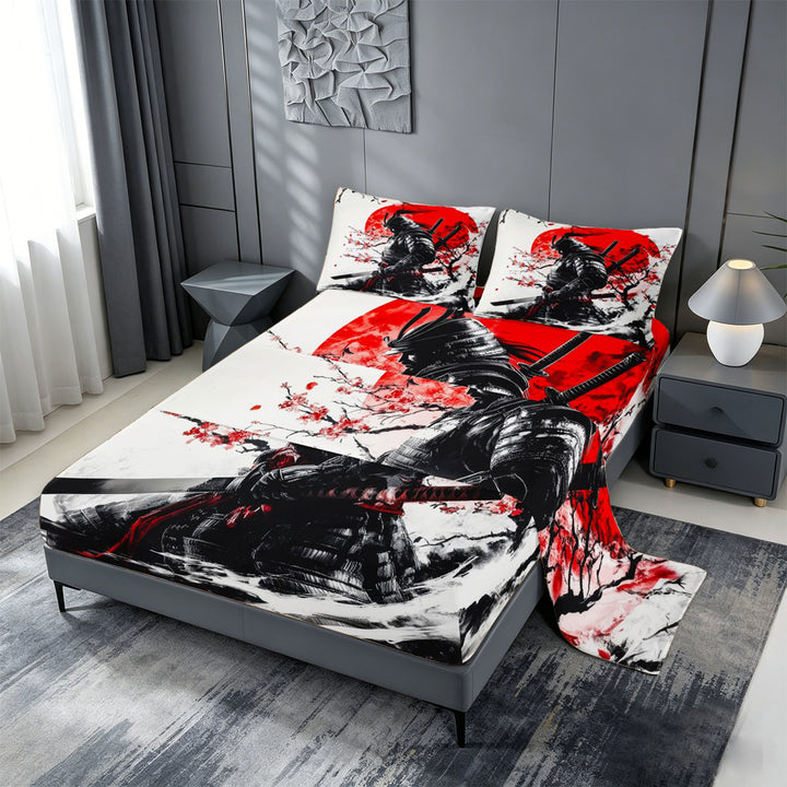 meiyoeat Cherry Blossom Bed Sheets For Kids,Japanese Samurai Ink Design Full Size Sheets,4pcs