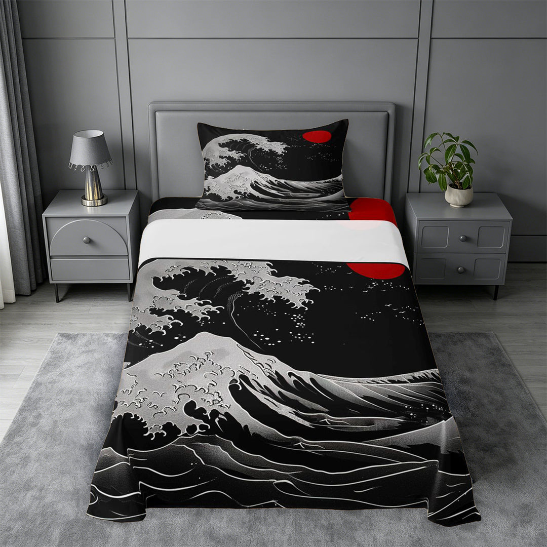 meiyoeat Japanese Black Wave Bed Sheets For Kids,Ukiyo-E Style Print Full Size Sheets,4 Pieces