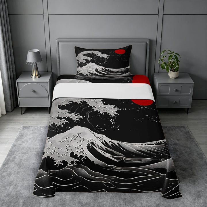 meiyoeat Japanese Black Wave Bed Sheets For Kids,Ukiyo-E Style Print Full Size Sheets,4 Pieces
