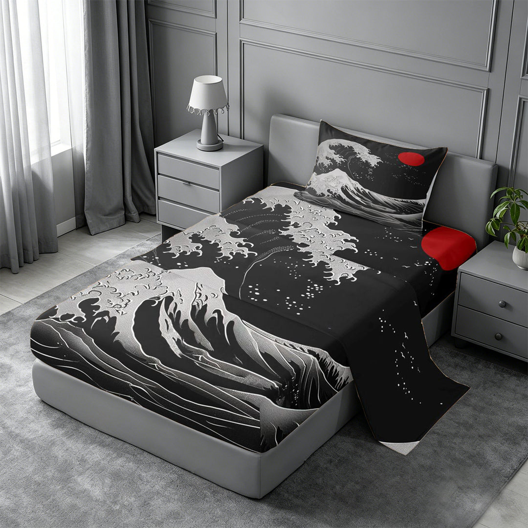 meiyoeat Japanese Black Wave Bed Sheets For Kids,Ukiyo-E Style Print Full Size Sheets,4 Pieces