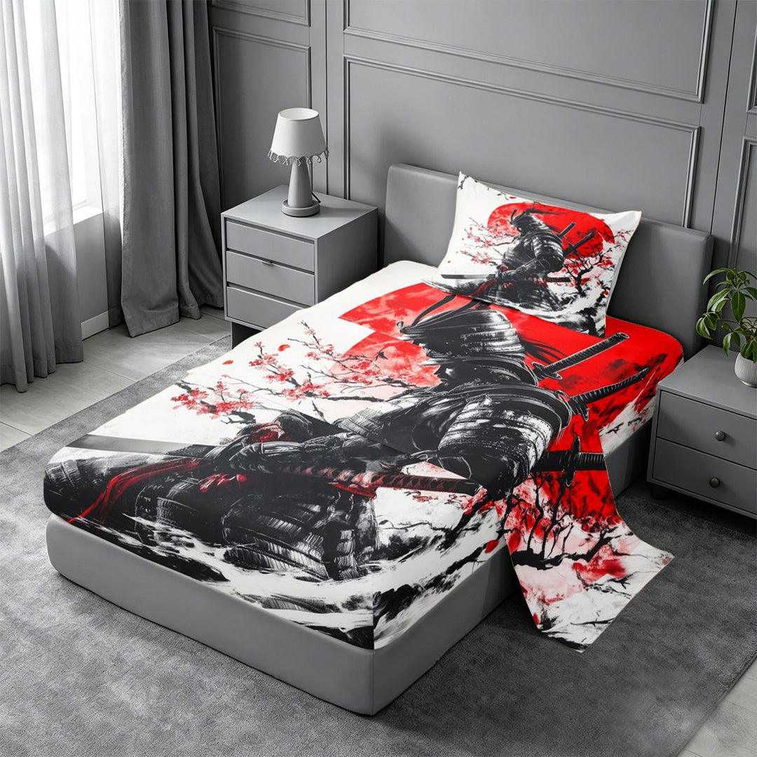 meiyoeat Cherry Blossom Bed Sheets For Kids,Japanese Samurai Ink Design Full Size Sheets,4pcs