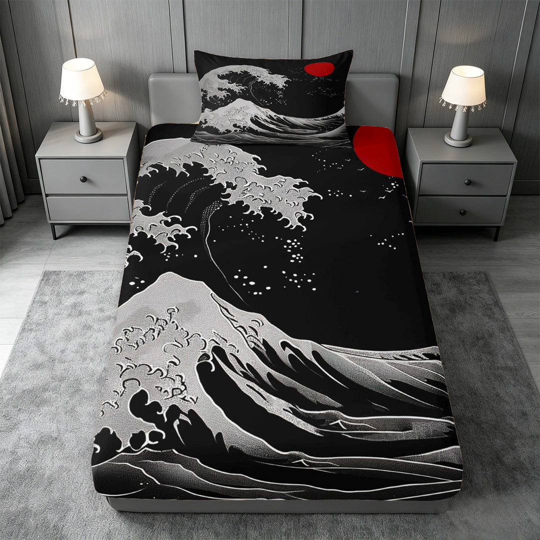 meiyoeat Japanese Black Wave Bed Sheets For Kids,Ukiyo-E Style Print Full Size Sheets,4 Pieces
