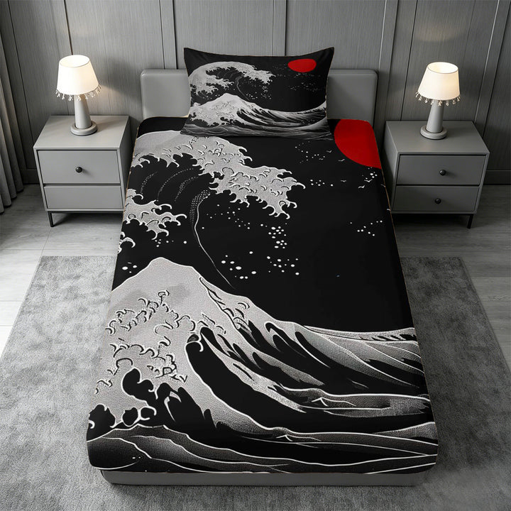 meiyoeat Japanese Black Wave Bed Sheets For Kids,Ukiyo-E Style Print Full Size Sheets,4 Pieces