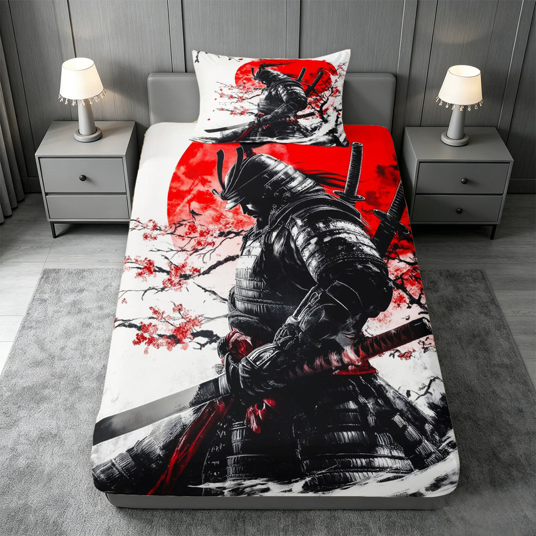 meiyoeat Cherry Blossom Bed Sheets For Kids,Japanese Samurai Ink Design Full Size Sheets,4pcs