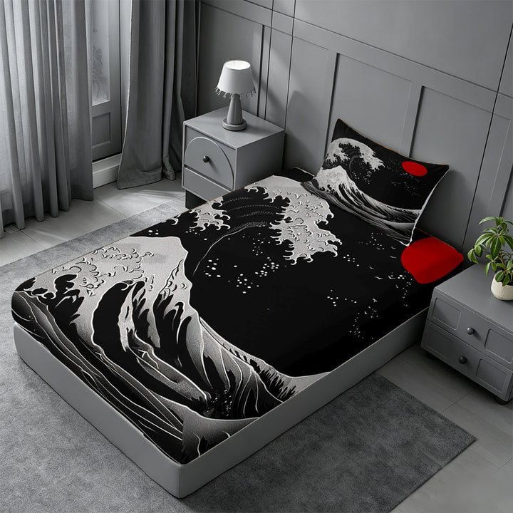 meiyoeat Japanese Black Wave Bed Sheets For Kids,Ukiyo-E Style Print Full Size Sheets,4 Pieces