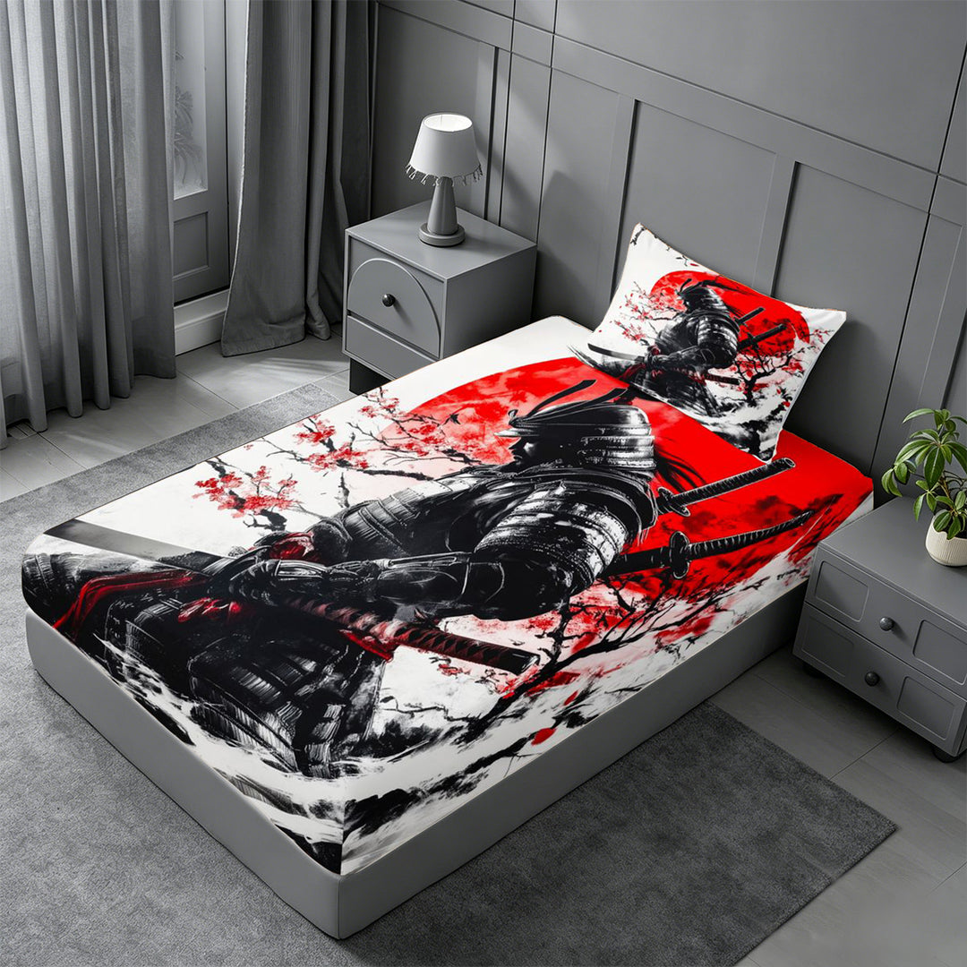 meiyoeat Cherry Blossom Bed Sheets For Kids,Japanese Samurai Ink Design Full Size Sheets,4pcs