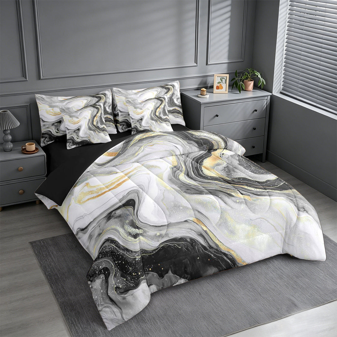 meiyoeat Modern Marble Art 7-Piece King Bedding For Women Men,Abstract Swirl Design King Bed in a Bag For Adults,Black Reversible