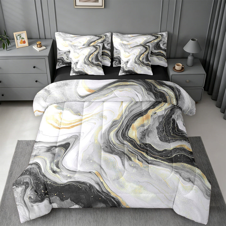 meiyoeat Modern Marble Art 7-Piece King Bedding For Women Men,Abstract Swirl Design King Bed in a Bag For Adults,Black Reversible